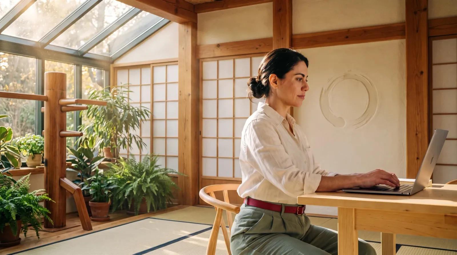 The same person, now in the dojo space: a sunroom with a tatami mat and a training dummy